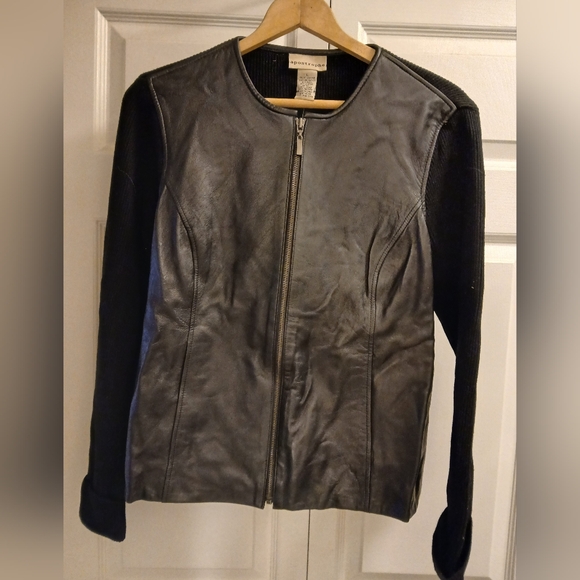 Sears Black Leather Bomber Jacket with Ribbed Knit Trim - Picture 1 of 3